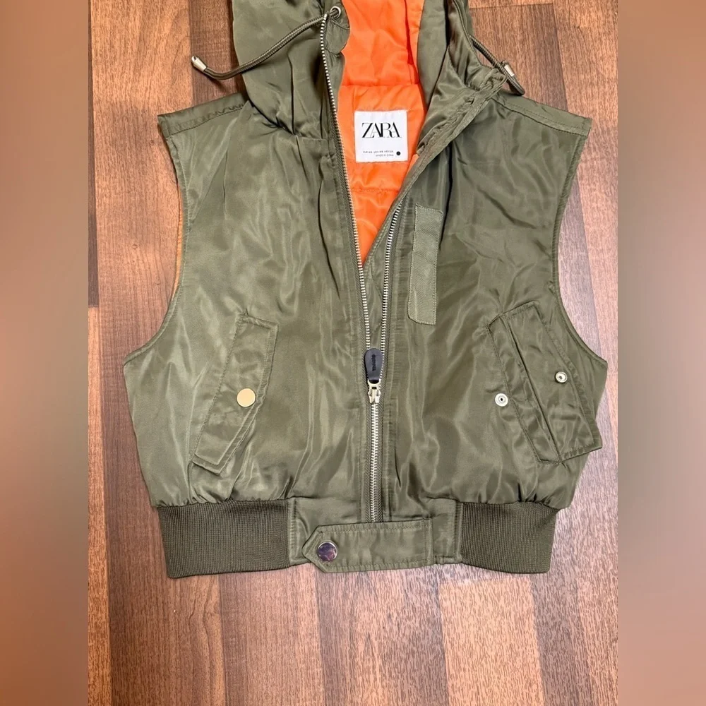 Zara Olive Hooded Vest with Bright Orange Interior